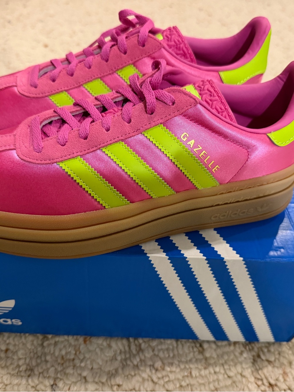 Ladies Size 9 Adidas Gazelle Bold Hot Pink & Neon Green Platform Sneakers - Picture 3 of 14